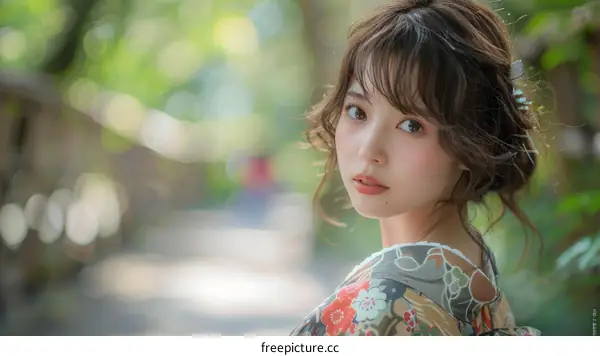 Japanese Woman Wearing a Kimono in a Garden Setting