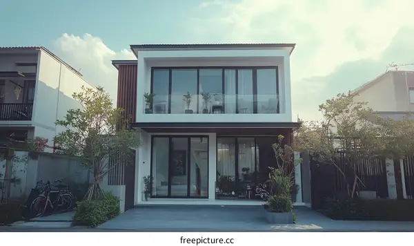 Modern Minimalist House Exterior with Glass Windows and Balcony