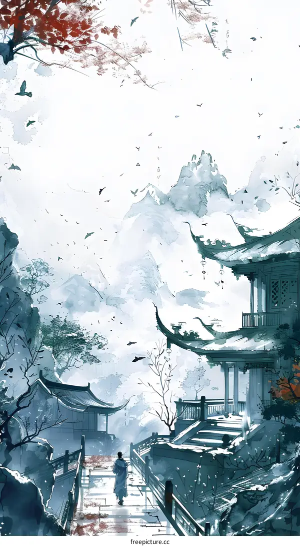 Watercolor Painting Of Chinese Man Walking Away From Temple In Mountains