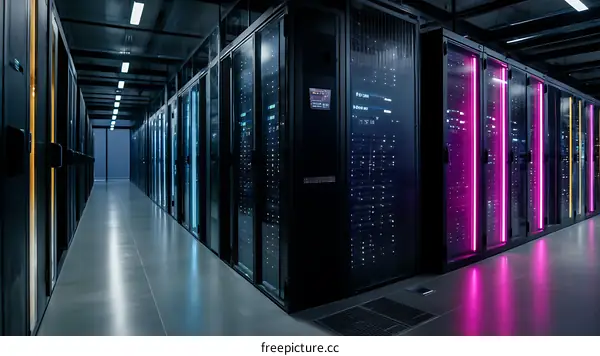 Modern Data Center Corridor with Colorful Accent Lighting