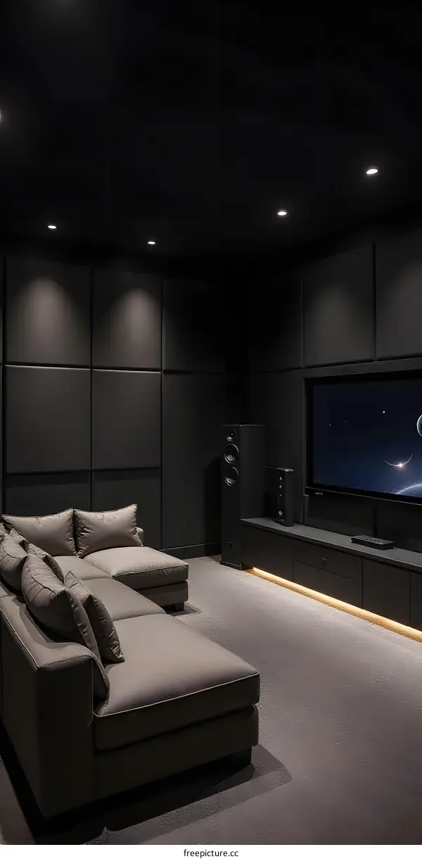 Modern Home Theater with Dark Gray Sofa