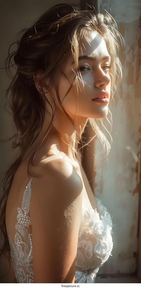 Portrait of a beautiful blonde model in a wedding dress