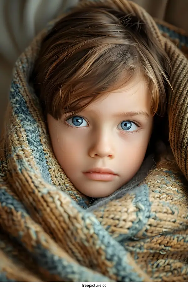 Young Boy with Blue Eyes Wrapped in a Knit Blanket
