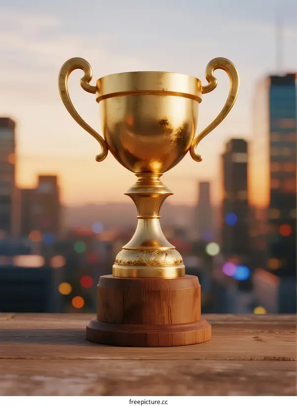 Golden Trophy Cup on Wooden Table with Urban Background