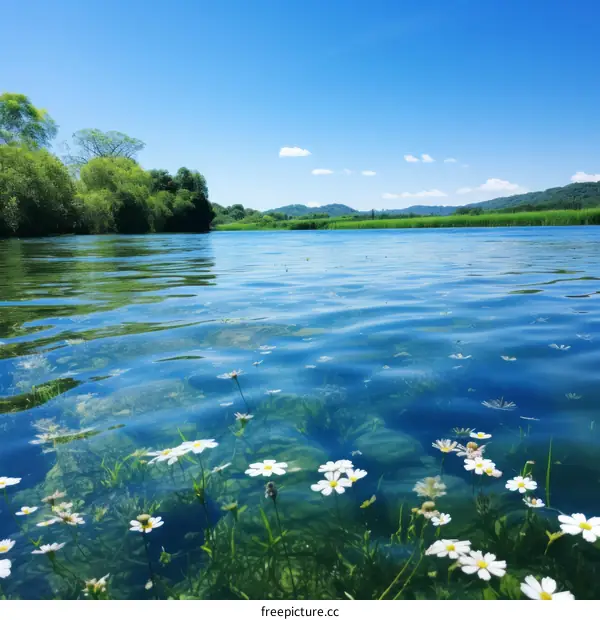 Tranquil River Scene with White Daisies