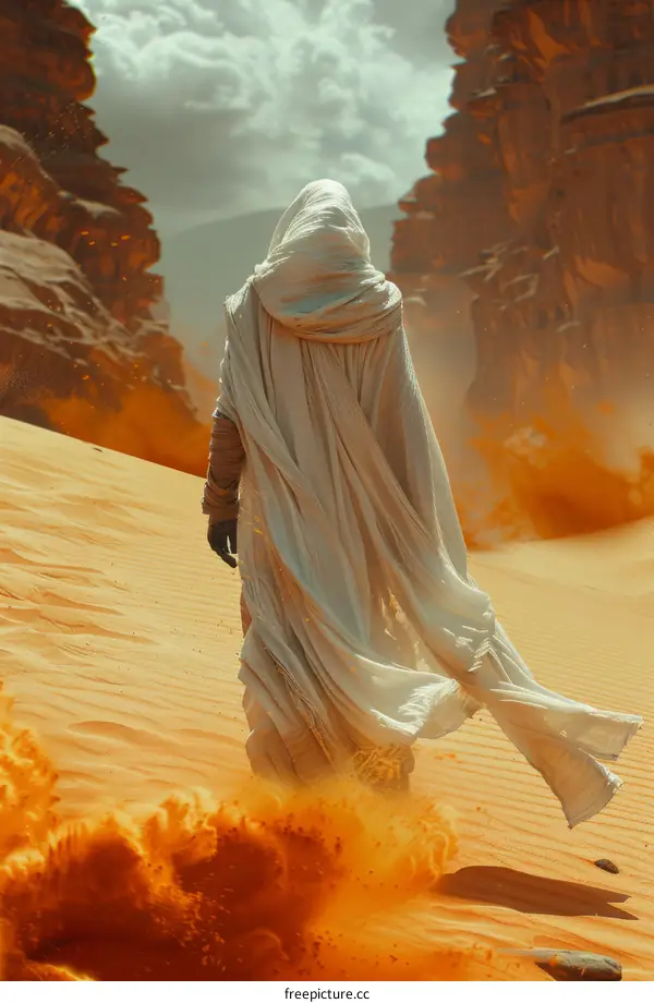 A person walking through a desert in a white cloak