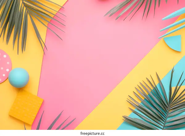 Tropical Summer Background with Palm Leaves and Geometric Shapes