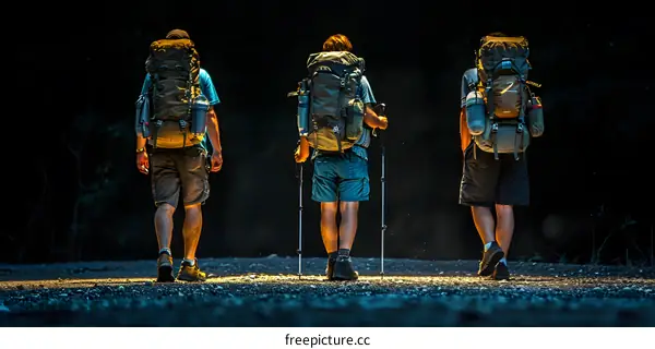 Three people with backpacks hiking in the dark