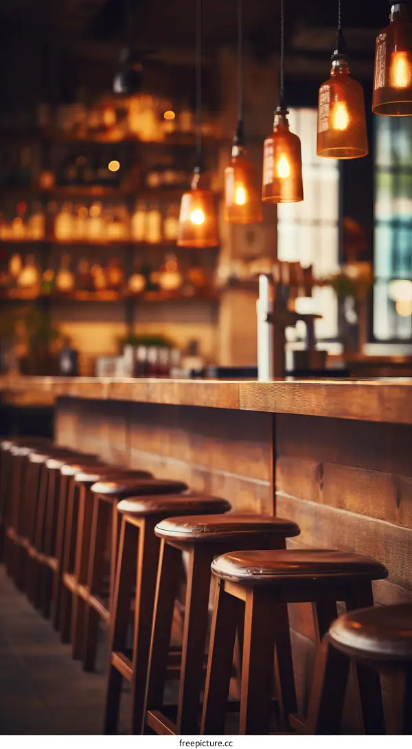 Empty Bar Stools in Front of a Wooden Bar Counter with Lights