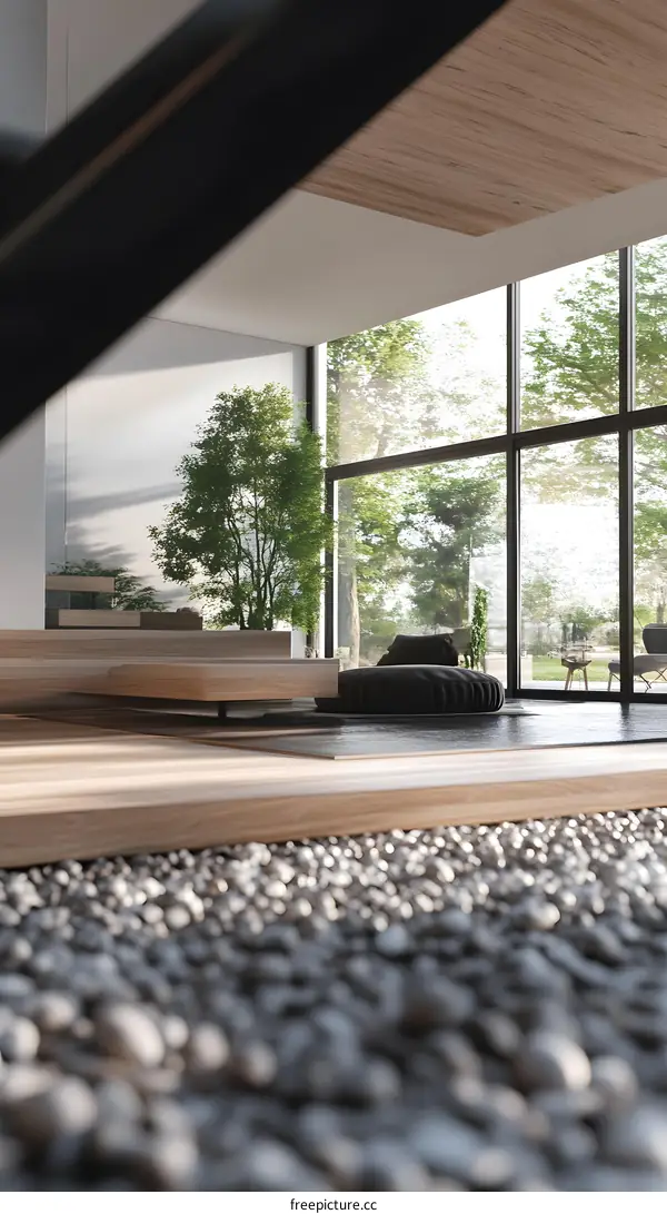 Modern Minimalist Home Interior Design with Pebble Floor and Large Windows