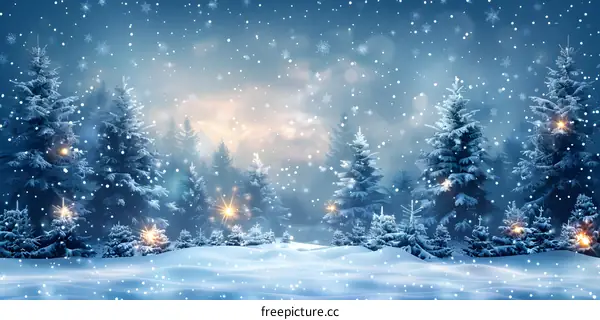 A winter wonderland of snow-covered pine trees and twinkling lights