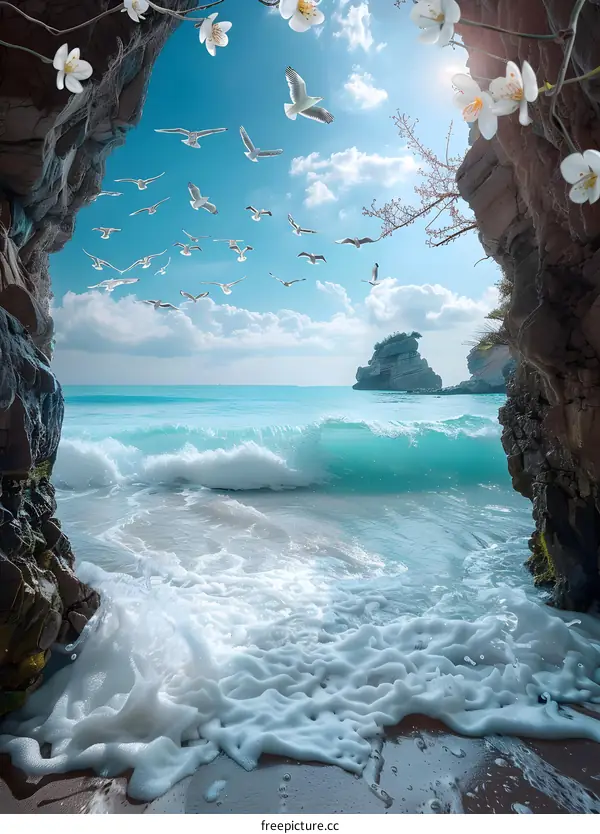 Seagull Flock Flying Above Ocean Waves Crashing On Beach