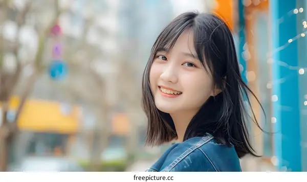 Portrait of a Smiling Young Woman with Black Hair in a Denim Jacket