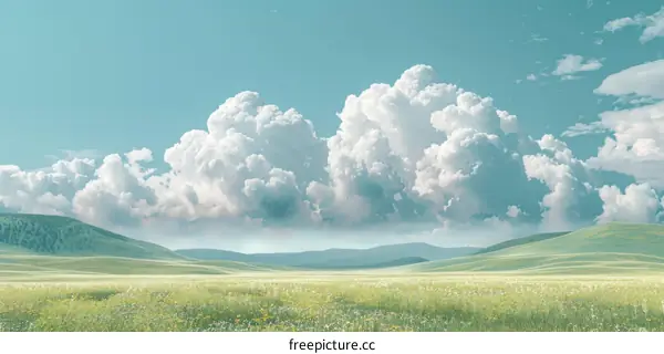 Pastel Meadow Landscape Under a Sky of Clouds
