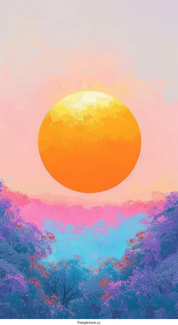 Large setting sun in a surreal landscape