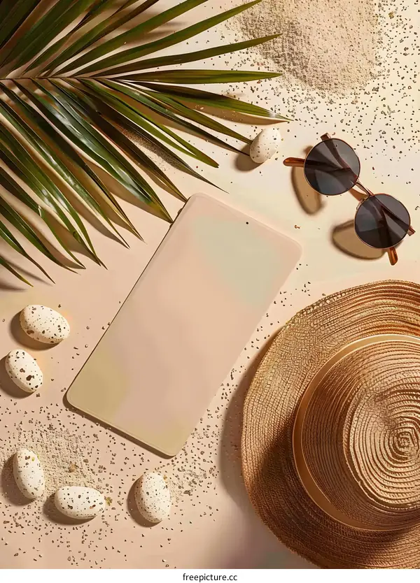 Summer Vacation Flat Lay with Tablet, Hat and Sunglasses