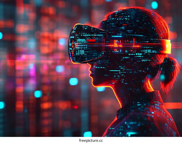 Woman Experiencing Virtual Reality Futuristic Metaverse Experience