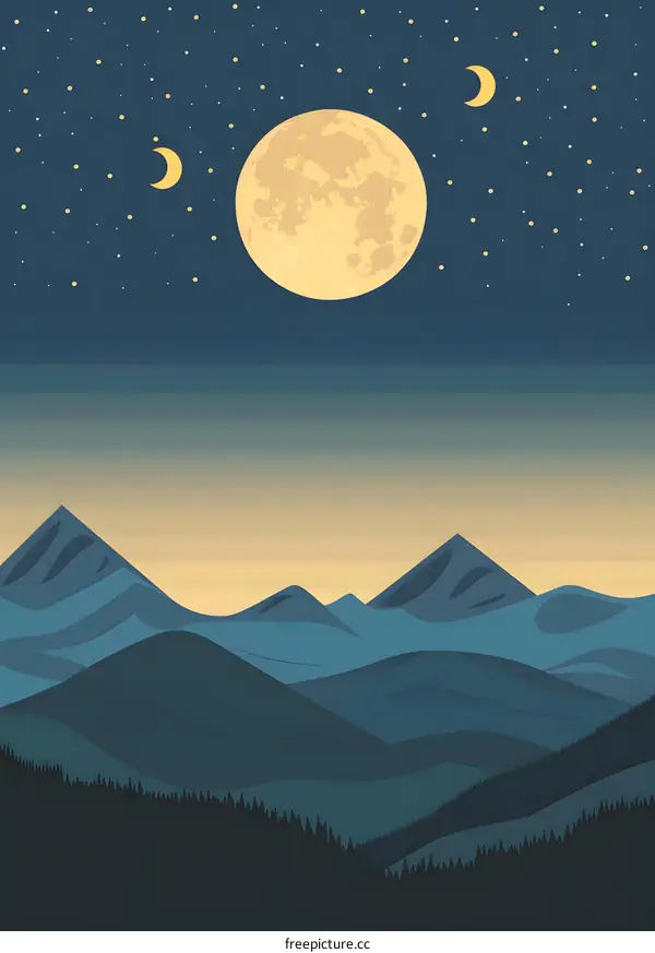 Night Sky With Full Moon Over Mountains Illustration