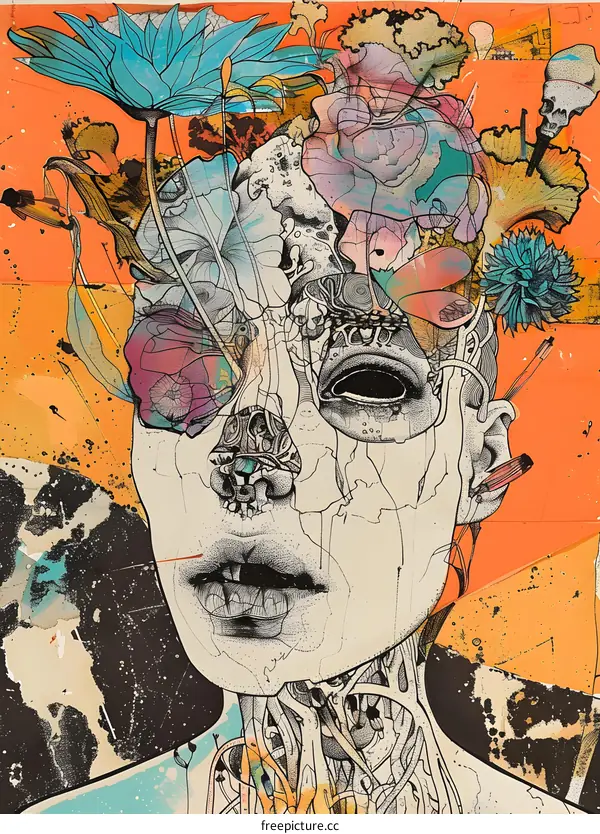 Abstract Art Illustration of Female Face with Flowers and Collage Elements