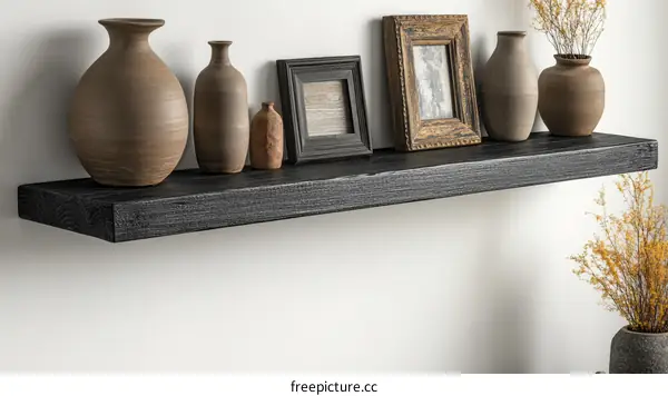 Rustic Black Wooden Floating Shelf with Decor