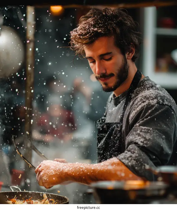 Focused male chef covered in flour while cooking in a commercial kitchen