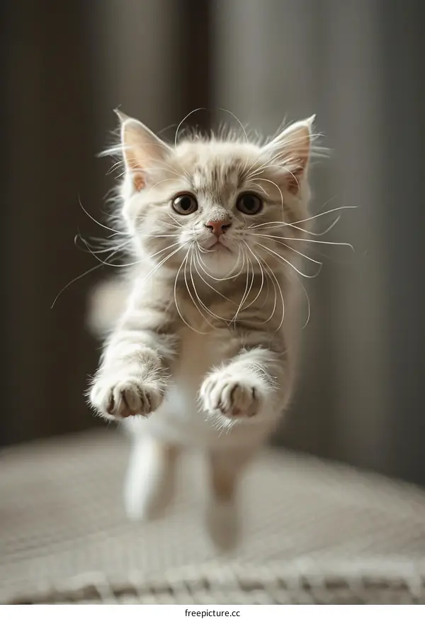 A cute kitten is jumping in mid-air with its paws outstretched