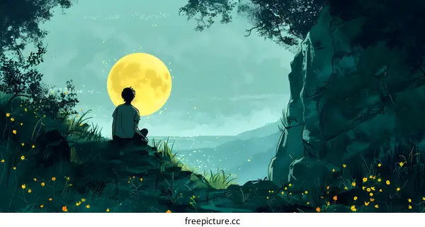 boy sitting on a cliff looking at the full moon