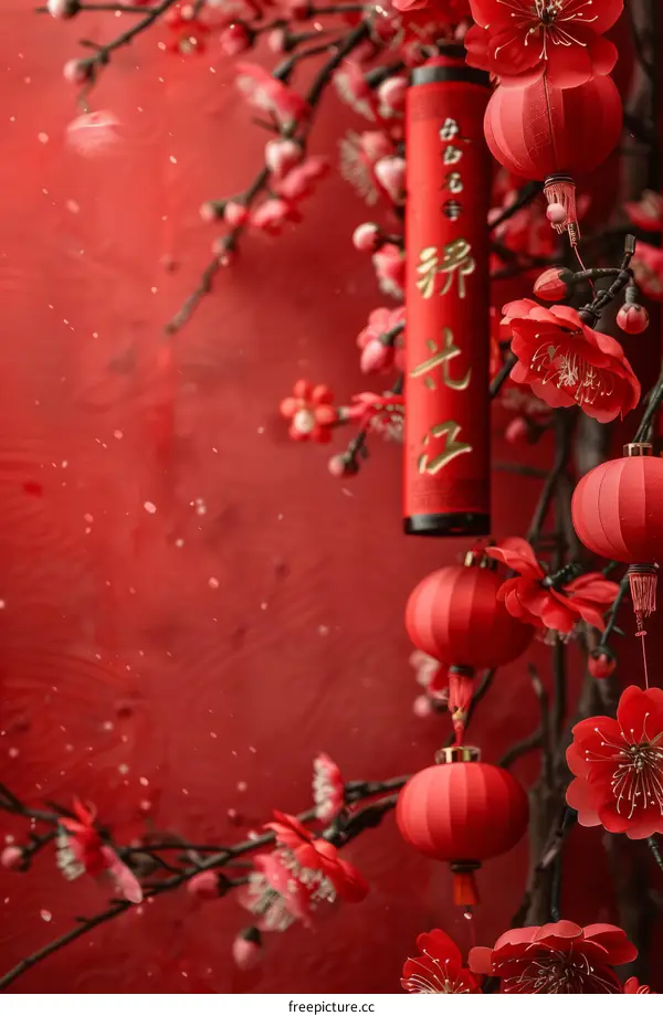 Ornate Chinese New Year Background with Lanterns and Blossoms