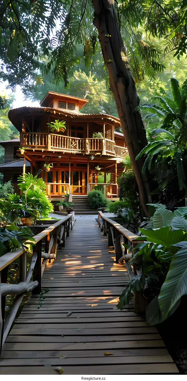 Wooden bridge leading to a house in the forest