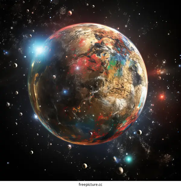 An alien planet with a glowing atmosphere, surrounded by stars and moons