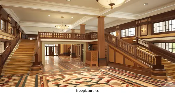Grand Staircase Interior Design with Wooden Railing and Ornate Flooring