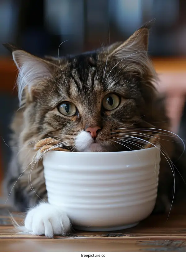 A cute cat peeking out of a white bowl