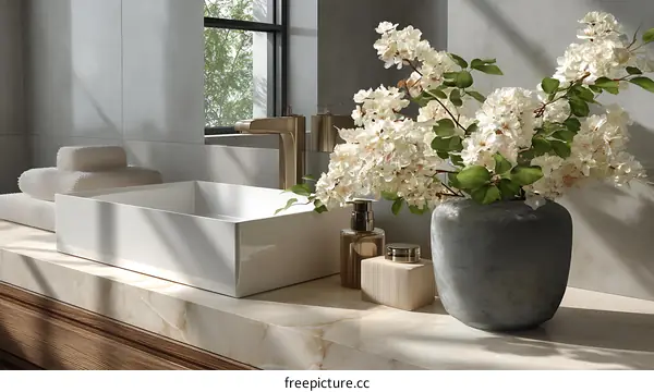 Modern Bathroom Sink with Elegant Floral Arrangement