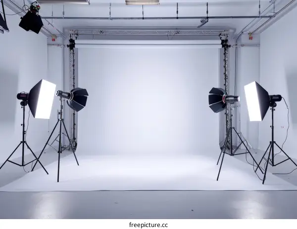Two studio lights against a white seamless paper background in a photo studio