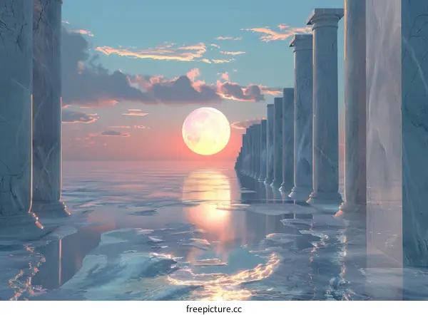 Ethereal Pink Sunset Over the Ocean with Marble Columns