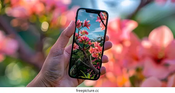 Hand Holding Smartphone Displaying Flowers and Sky