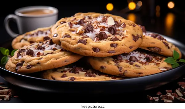 Chocolate Chip Cookies with Almonds on a Table