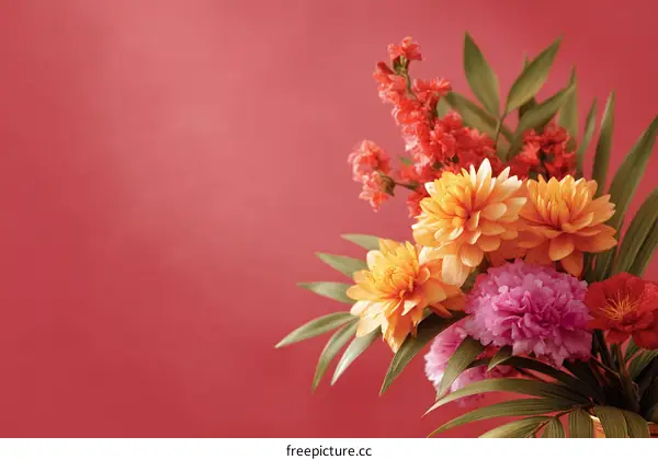 Colorful Paper Flowers Bouquet on Red Background