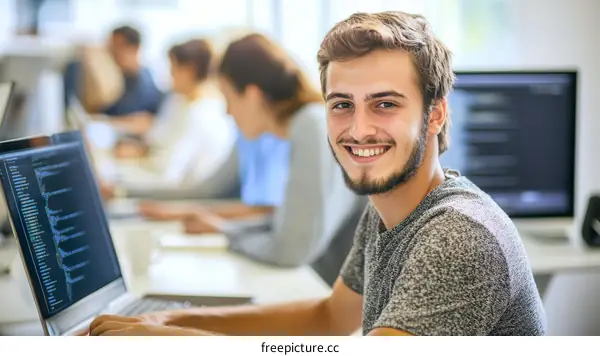 Smiling young Caucasian man working on computer