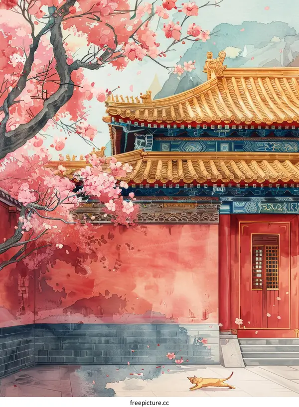 Chinese courtyard with pink plum blossom