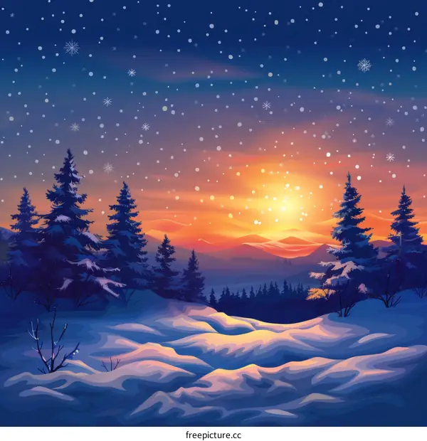 Winter Landscape: Snowy Mountains at Sunset