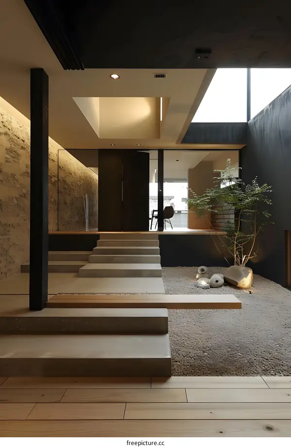 Modern Minimalist Japanese Home Interior Design with Concrete Stairs and Zen Garden