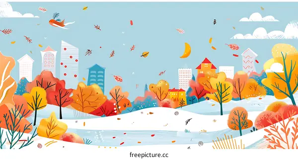 Autumn Landscape With Falling Leaves And Cityscape In The Background