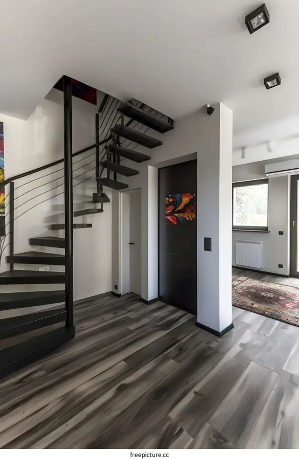 Modern Minimalist Home Interior Design with Black Spiral Staircase and Wooden Floor