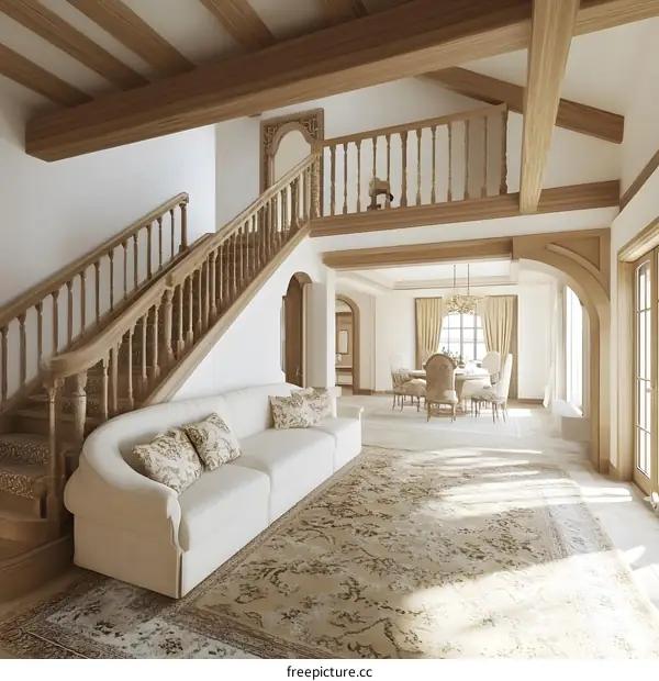 Elegant Interior Design With Wooden Staircase and Beige Sofa