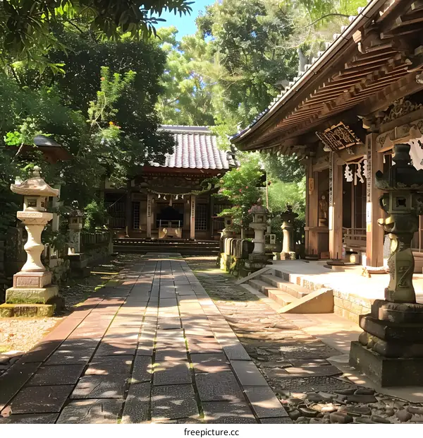 Stone Pathway Leading to Traditional Japanese Shrine