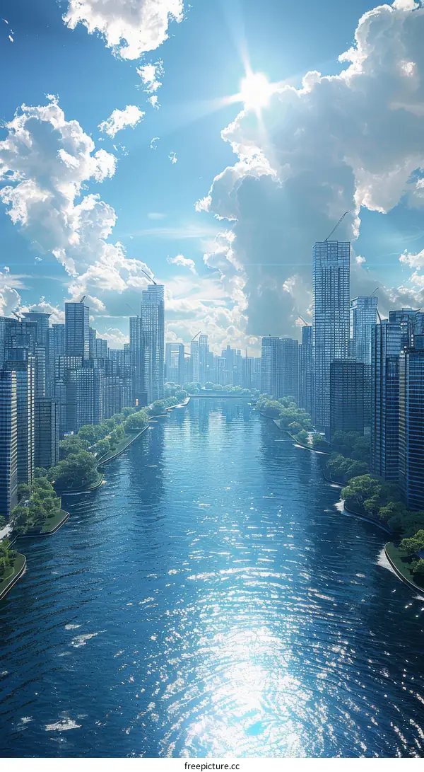futuristic city with river in center