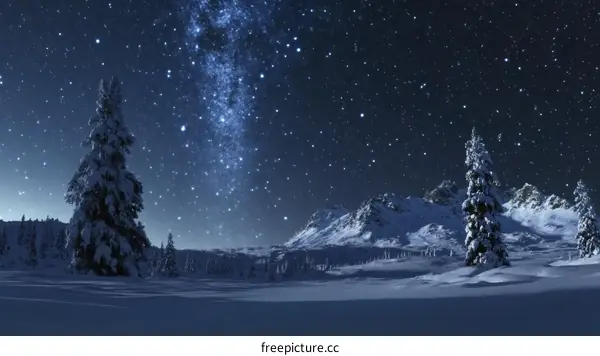 Winter Night Sky Snow-Covered Mountain Landscape