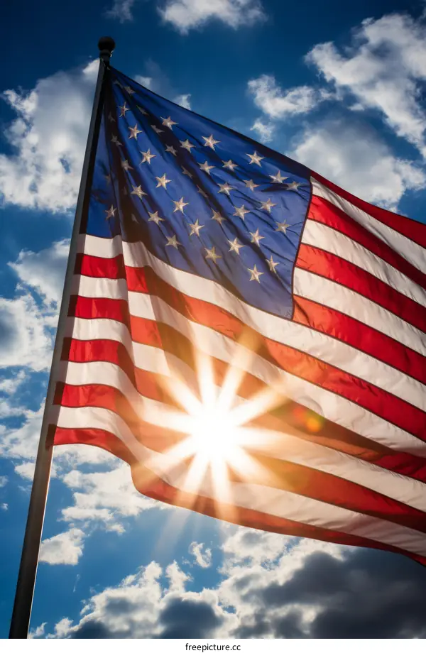 American flag waving in the wind with sunburst