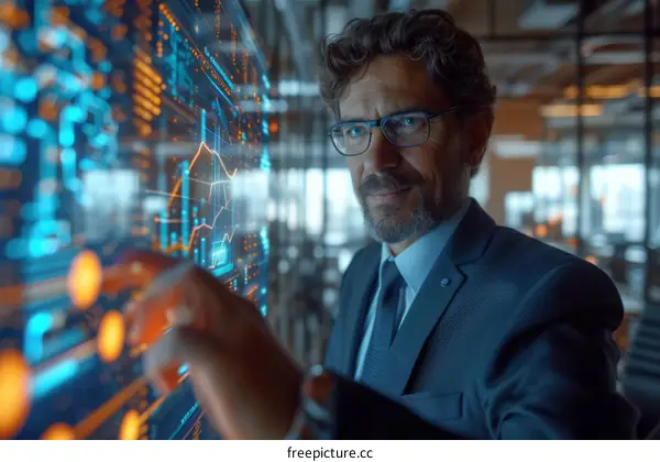 Businessman analyzing data on a digital screen in an office